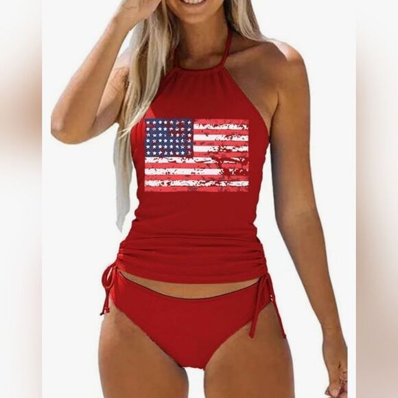 ⏭️NWOT Red Flag Drawstring Halter Tankini Bikini Set Medium - Picture 1 of 11